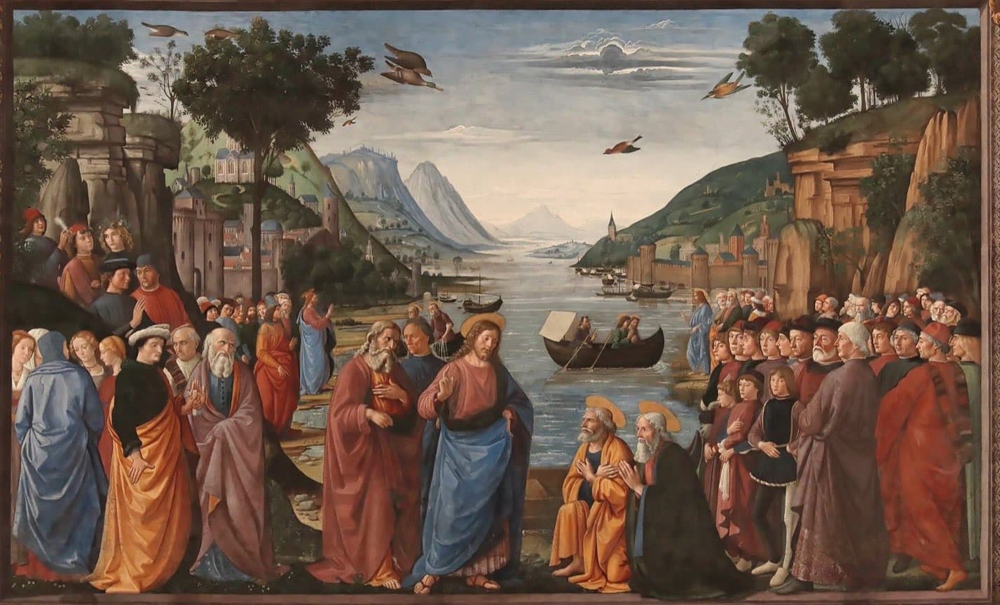 Ghirlandaio's fresco of Christ calling the first apostles, with the crowd gathered along the lake on both sides